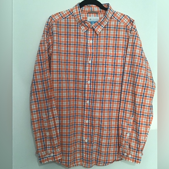 Columbia Mens XL Blue Orange Plaid 100% Cotton Long Sleeve Button Down Shirt - Picture 3 of 6